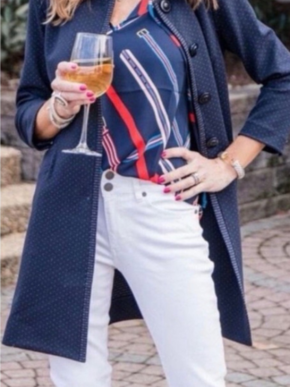 CAbi navy polka-dot blazer with red-accent blouse